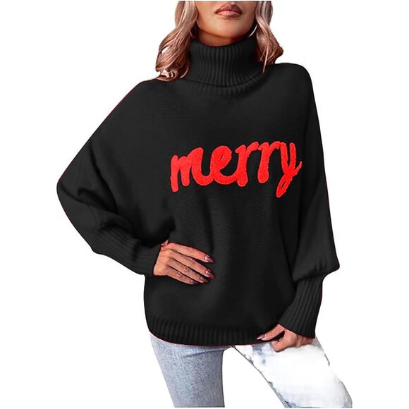 Oversized Christmas Black Sweater Women 2025 Merry Turtleneck Batwing Sleeve - Picture 1 of 6